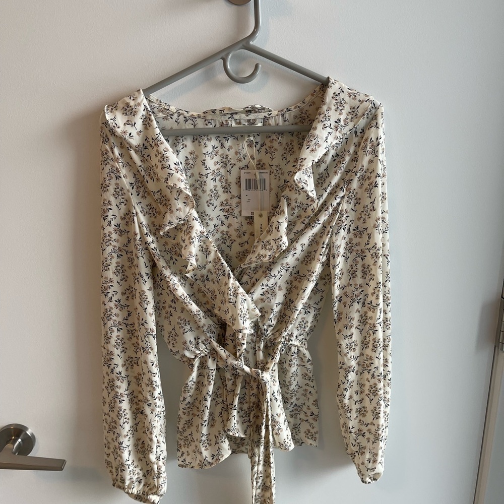 Max Studio Floral Wrap Blouse - Cream and Black
